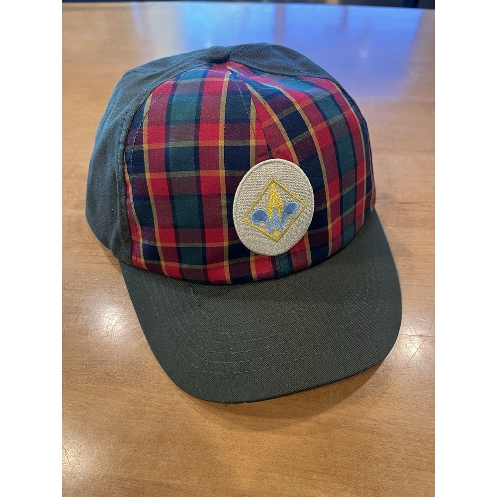 Webelos Cap Sz M/L BSA Boy Scouts of America Green Olive Plaid Twill Adjustabl